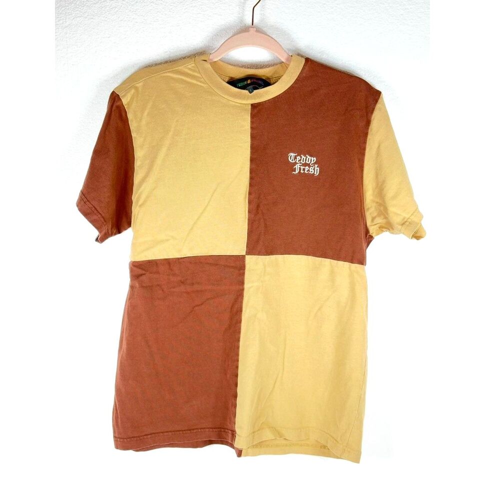 Teddy Fresh Unisex Color Block T-Shirt Brown Tan Checkered Panels Size Small